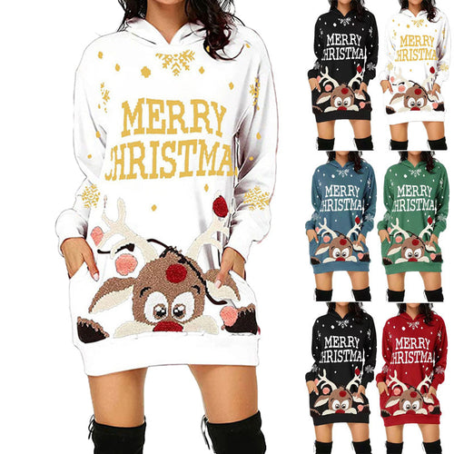 Damen Kapuzenkleid mit niedlichem Rentiermotiv und weihnachtlichem Schriftzug EB