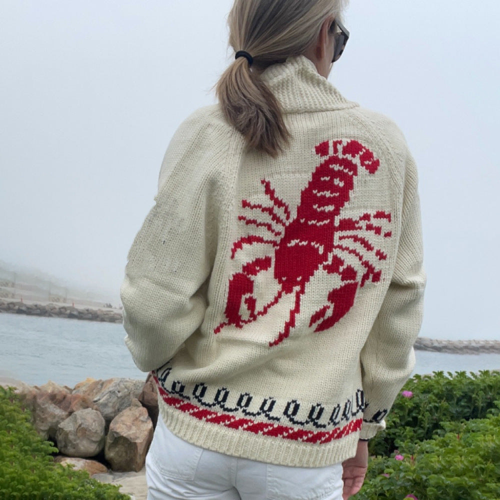 Damen Oversize Strickcardigan mit Walmotiv und nautischer Kontrastbordüre EB