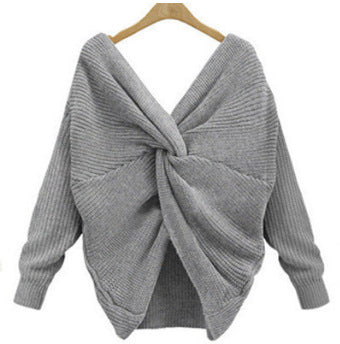 Damen Strickpullover mit einzigartigem Rückendesign und tiefem V-Ausschnitt EB
