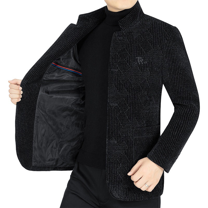 Herren Moderner Stehkragen-Blazer im Bouclé-Look mit feiner geometrischer Struktur EB