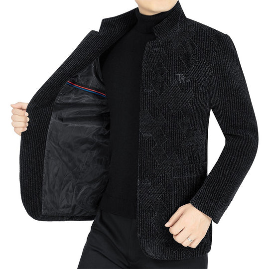 Herren Moderner Stehkragen-Blazer im Bouclé-Look mit feiner geometrischer Struktur EB