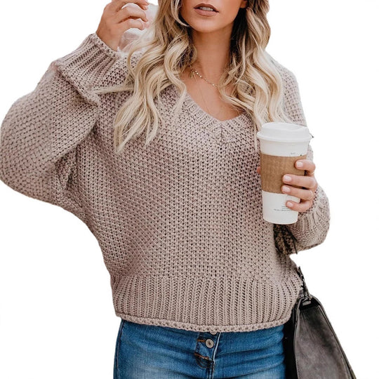 Damen lässiger Strickpullover mit V-Ausschnitt und weitem Schnitt EB