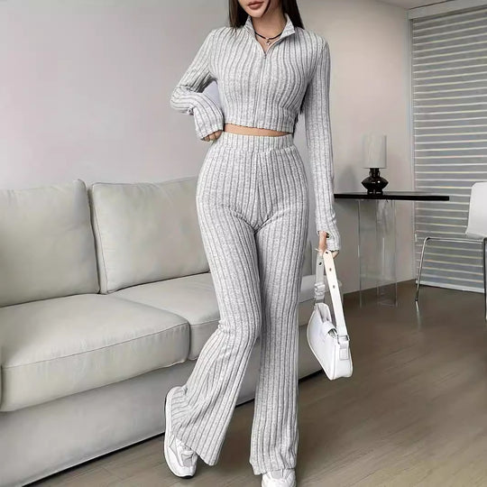 Damen Modisches Strick-Set mit cropped Oberteil und weitem Hosen EB