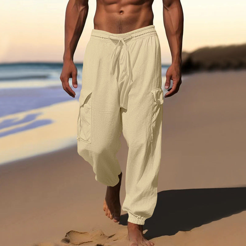 Herren nan luftige Leinen-Mix Strandhose mit Cargo-Taschen und elastischem Saum EB