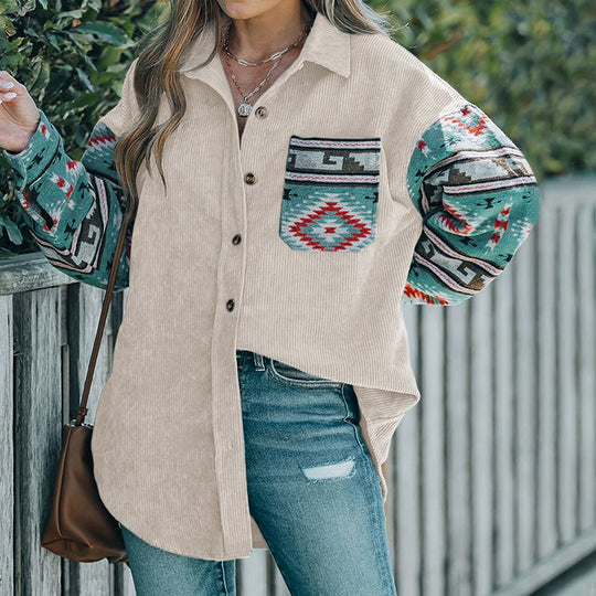 Damen Cord‑Hemdenjacke mit gemusterten Strickärmeln und aufgesetzter Brusttasche EB
