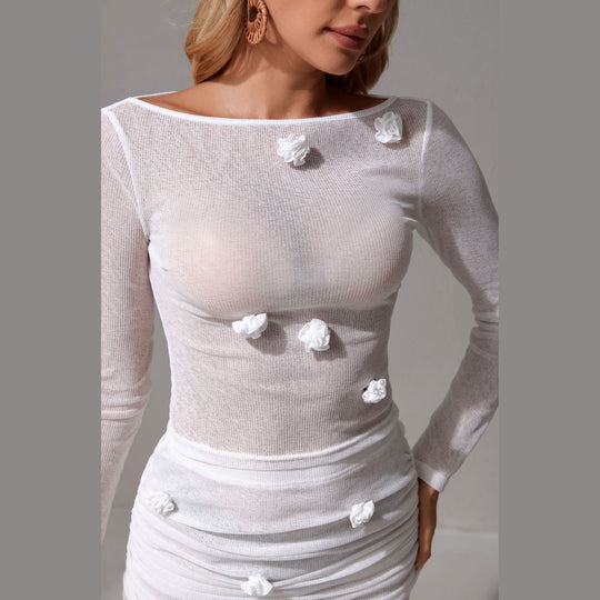 Damen fließendes Strandkleid mit dekorativen Häkelblüten EB