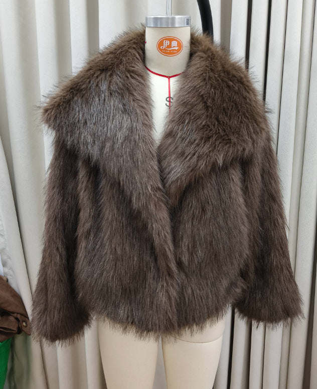 Damen Eleganter Kunstpelzmantel mit voluminösem Kragen EB