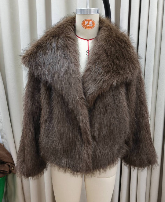 Damen Eleganter Kunstpelzmantel mit voluminösem Kragen EB