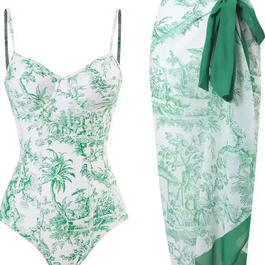 Damen Zweiteiliges Badeanzug-Set mit elegantem Wickelrock und floralem Druck EB
