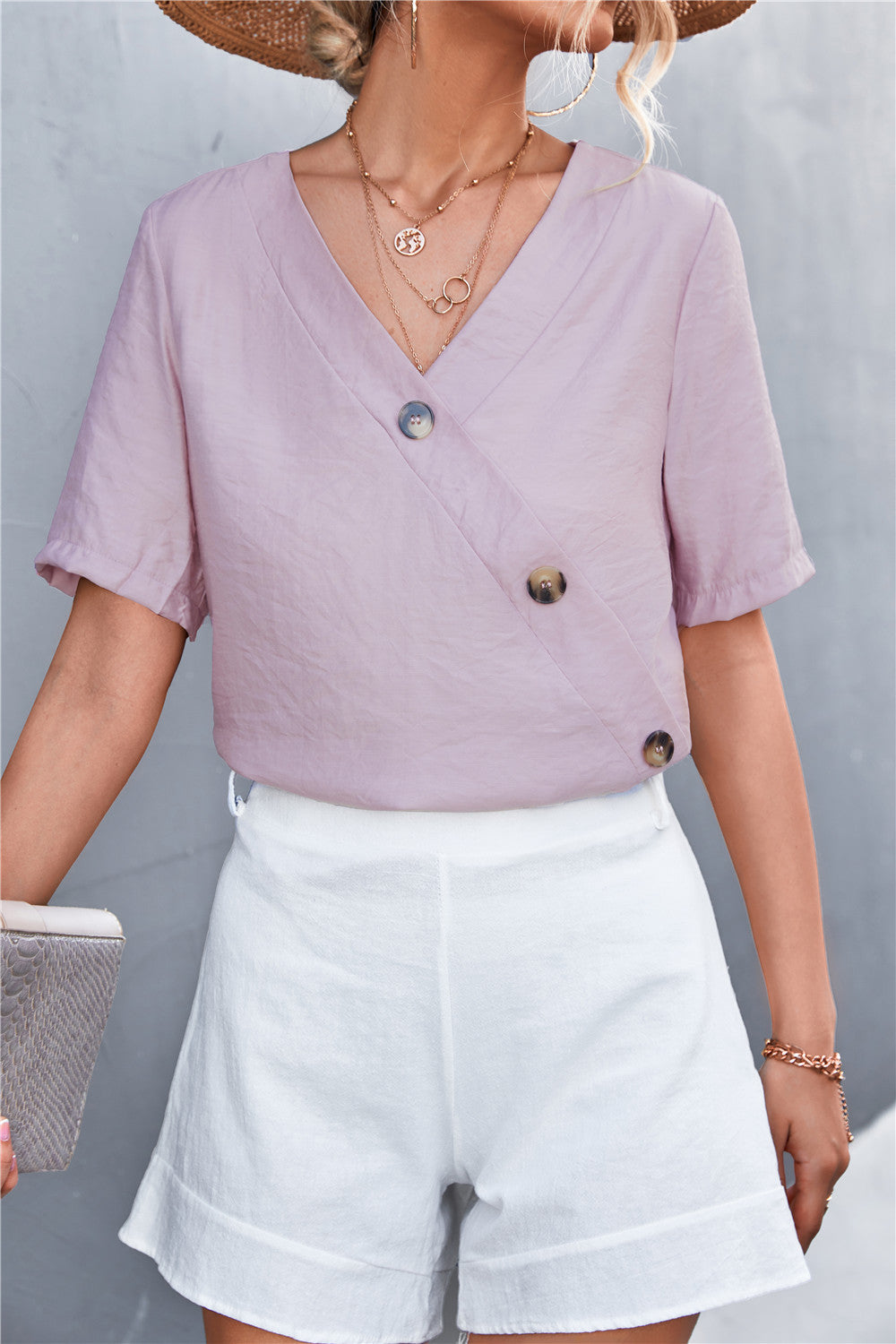 Damen lässige Bluse mit Wickeloptik und Knopfdetails EB