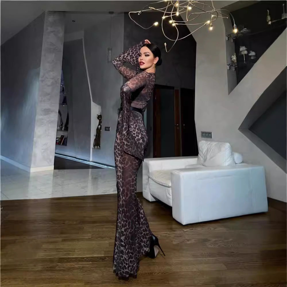 Damen Elegant schimmerndes Maxikleid mit langen Ärmeln und Leopardenmuster EB