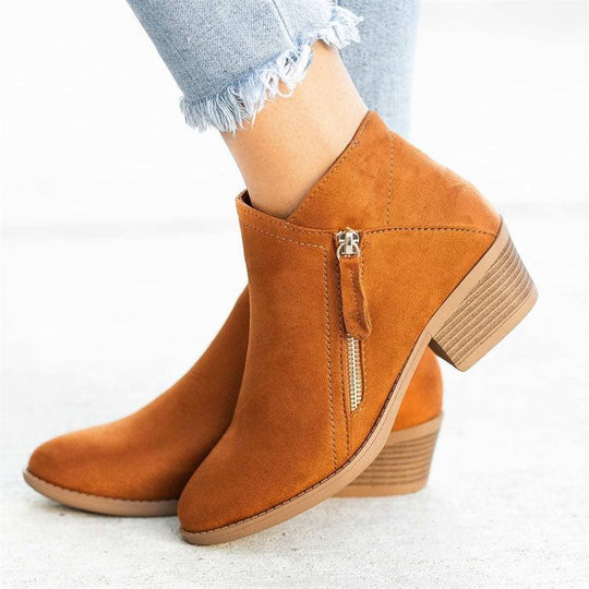 Damen Ankle-Boots aus Velourslederoptik mit seitlichem Zipper und mittelhohem Blockabsatz EB
