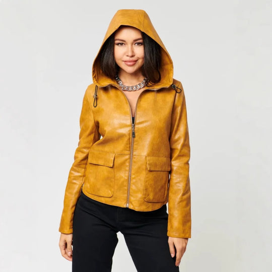 Damen Kunstlederjacke mit angeschnittenem Hoodie und praktischen Taschen EB