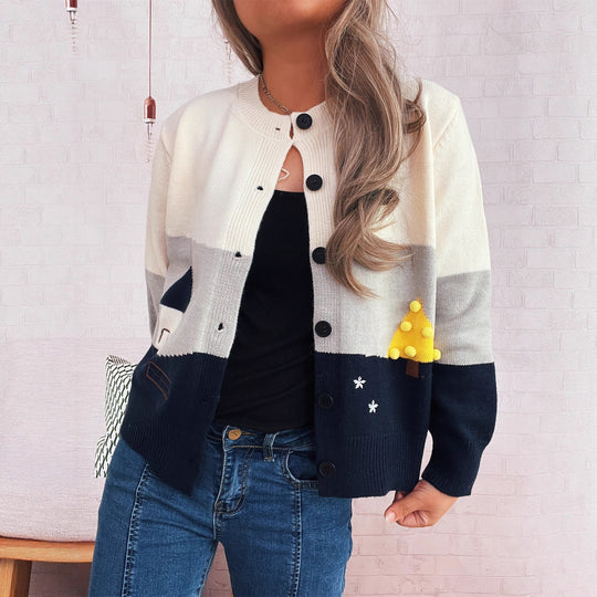 Damen Strickjacke mit festlichem Motiv und Knopfdetails EB