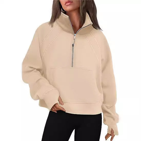 Damen kuscheliger Half-Zip Pullover mit Kapuze und Kängurutasche EB