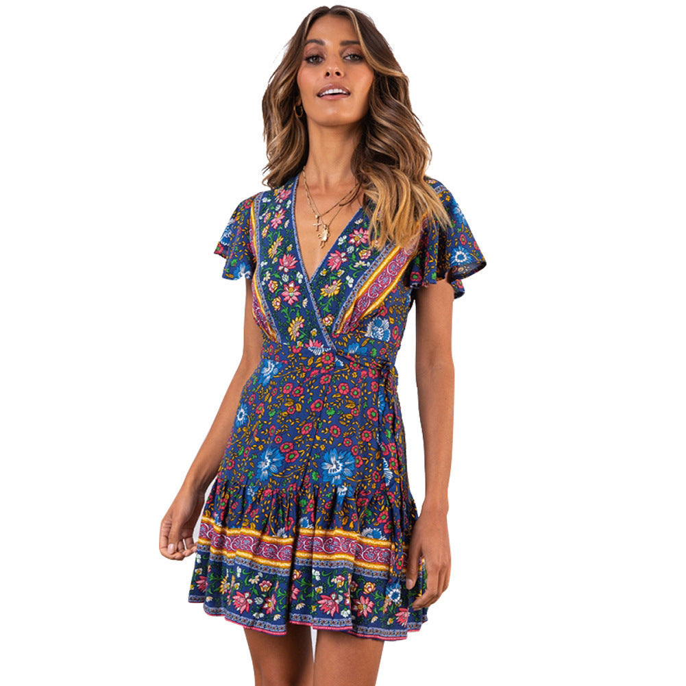 Damen Wickelkleid mit floralem Design und Rüschendetails EB