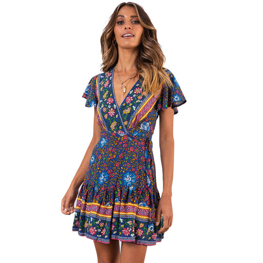 Damen Wickelkleid mit floralem Design und Rüschendetails EB