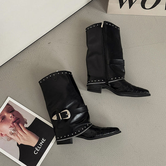 Damen Biker‑Western Midcalf‑Stiefel mit Ziernieten, Schnallenriemen und geprägter Zehenkappe EB