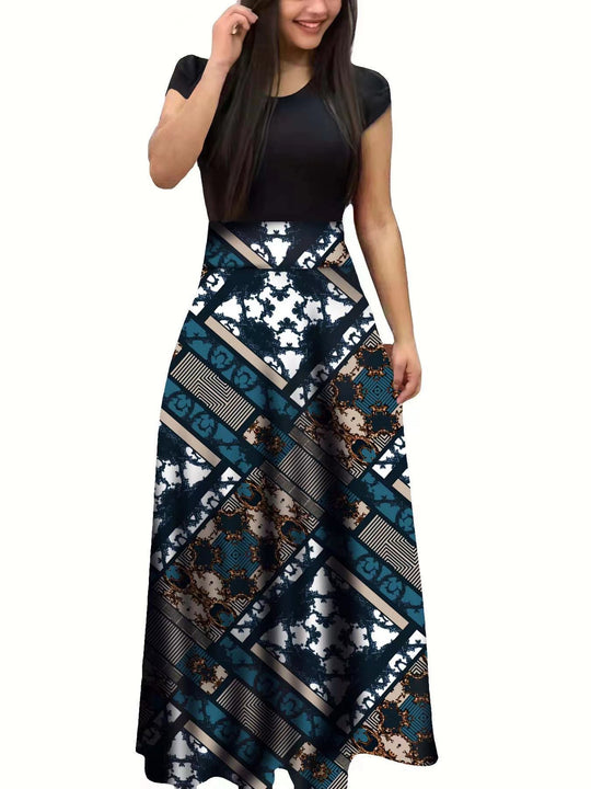 Damen Elegantes Maxikleid mit grafischem Druck und flexiblem Bund EB