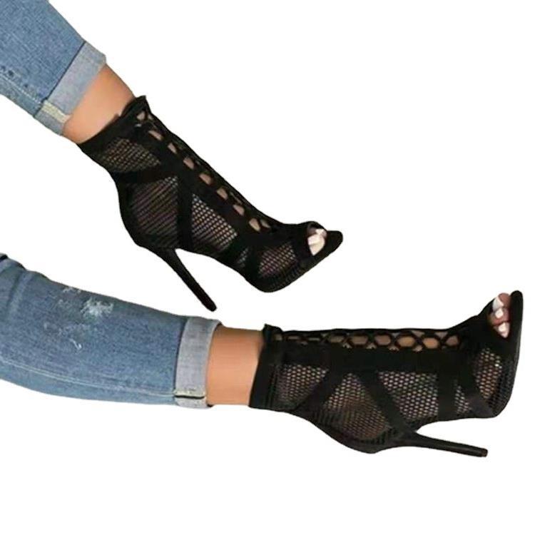 Damen Peeptoe Ankle Boots mit hochmodernem Netzdesign und elegantem Blockabsatz EB