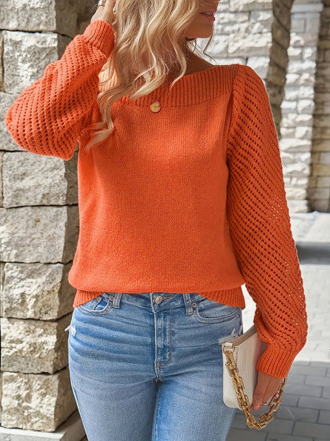Damen nan feiner Strickpullover mit Ajour- Puffärmeln und U-Boot-Ausschnitt EB
