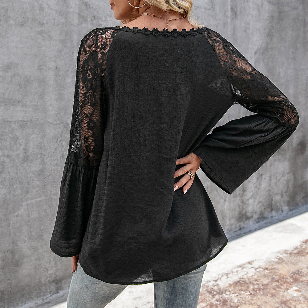 Damen Bluse mit transparenten Spitzenärmeln und modischem V-Ausschnitt EB