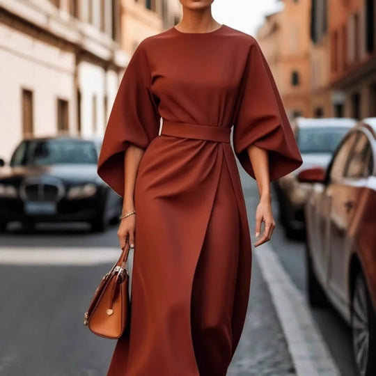 Damen fließendes Maxikleid mit eleganten Ärmeln und Taillengürtel EB