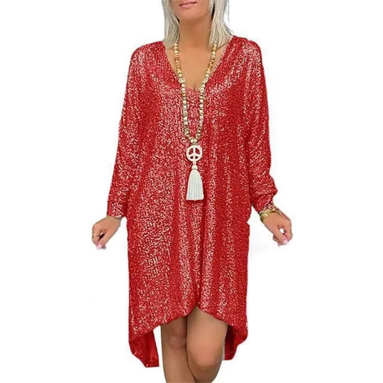 Damen Glitzerndes Oversized Kleid mit V-Ausschnitt und langen Ärmeln EB