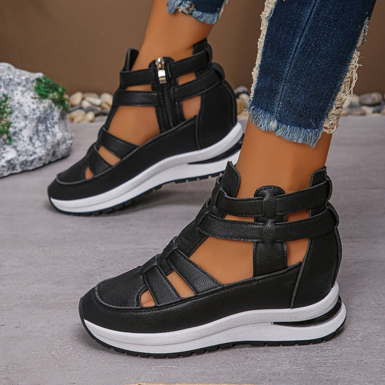Damen Keil-Plateau Sneaker-Sandale mit Cut-Outs, Reißverschluss und gepolstertem Fußbett EB