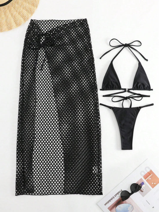 Damen Bikini-Set mit transparentem Netzrock und Triangel-Oberteil EB