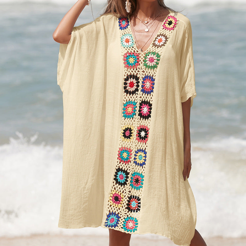Damen Häkel-Strandtunika im lässigen Oversize-Stil mit bunten Applikationen EB