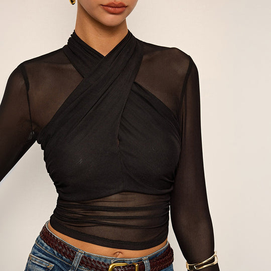 Damen Elegantes Wickeloberteil mit transparentem Stoff und langen Ärmeln EB