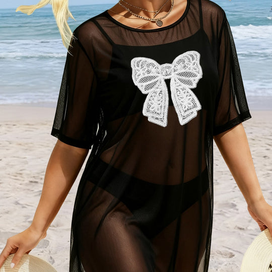 Damen transparenter Strandüberwurf mit filigranem Spitzenmuster EB