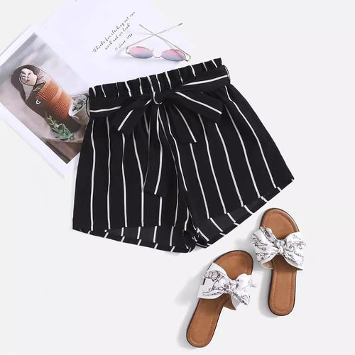 Damen gestreifte Freizeit-Shorts mit elastischem Bund und Bindegürtel EB