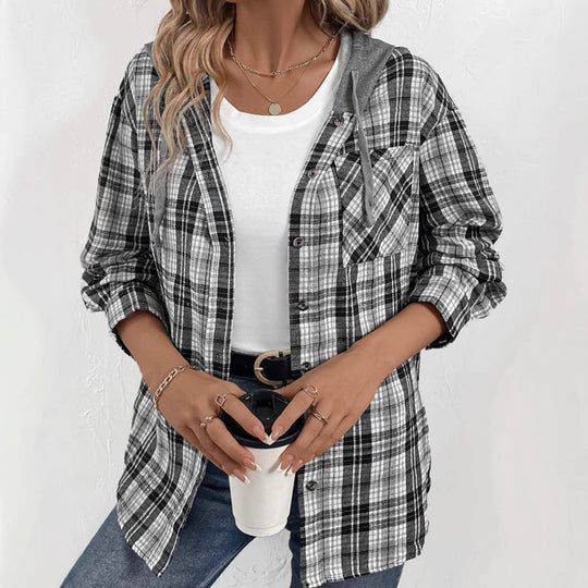 Damen lässige Flanellhemdjacke mit Kapuze und Karomuster EB