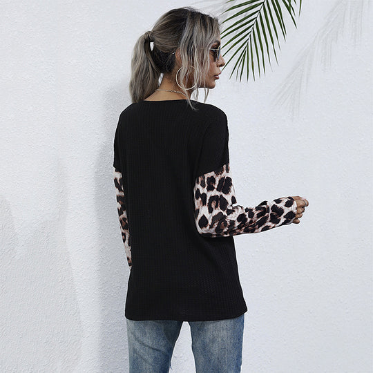 Damen V-Ausschnitt Bluse mit Raffung und modischen Tiermusterärmel EB