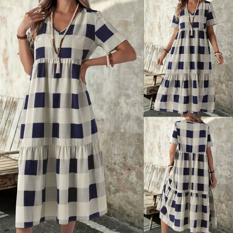 Damen Langarmkleid mit modischem Karomuster und fließendem Schnitt EB