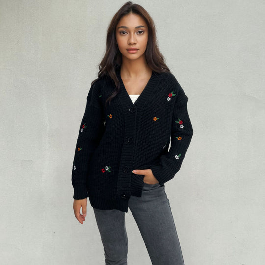 Damen Strickjacke mit floralem Stickdesign EB