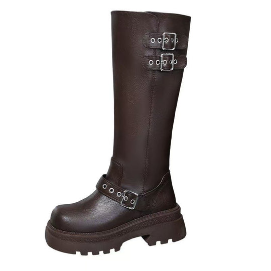 Damen Hochwertige Overknee-Stiefel mit trendigen Schnallen und robustem Sohlenprofil EB