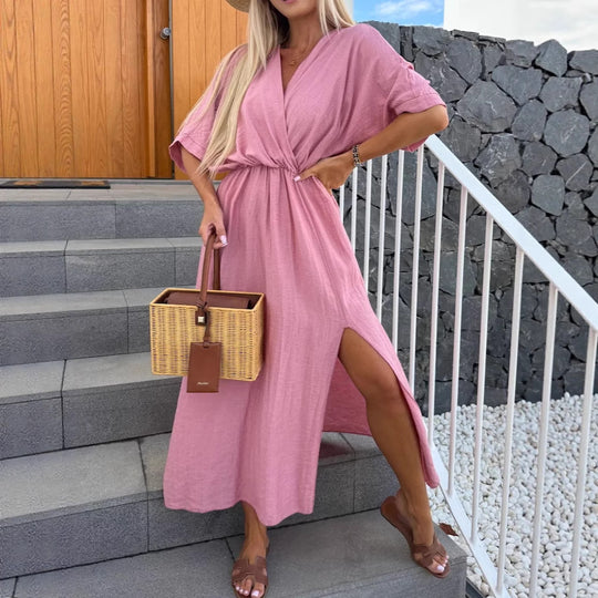 Damen lässiges Maxi-Kleid mit tiefem V-Ausschnitt und elastischem Taillenbund EB
