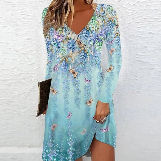 Damen V-Ausschnitt Kleid mit floralen Akzenten und langen Ärmeln EB
