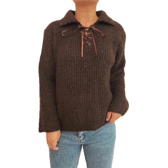 Damen lässiger Strickpullover mit dekorativem Schnürdetail und breiten Ärmel EB