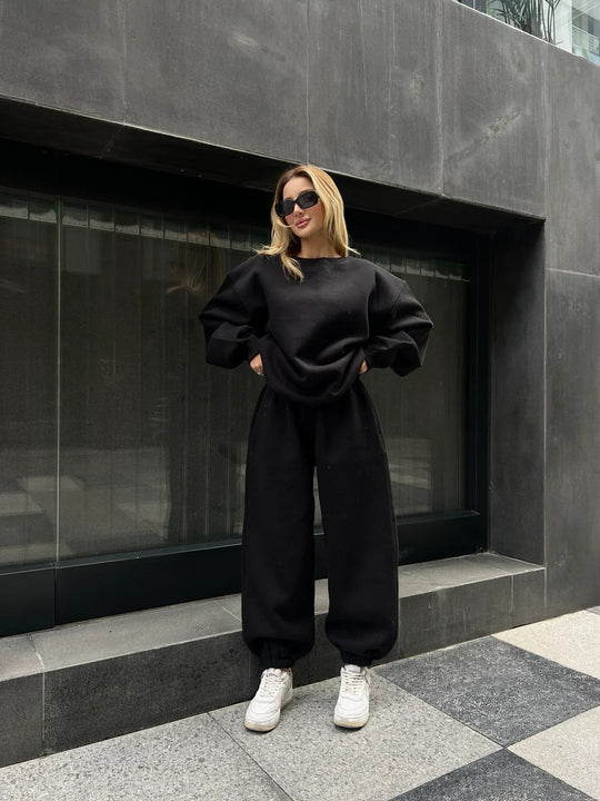 Damen komfortables und modisches Oversized-Loungewear-Set mit Kordelzug und elastischen Bündchen EB