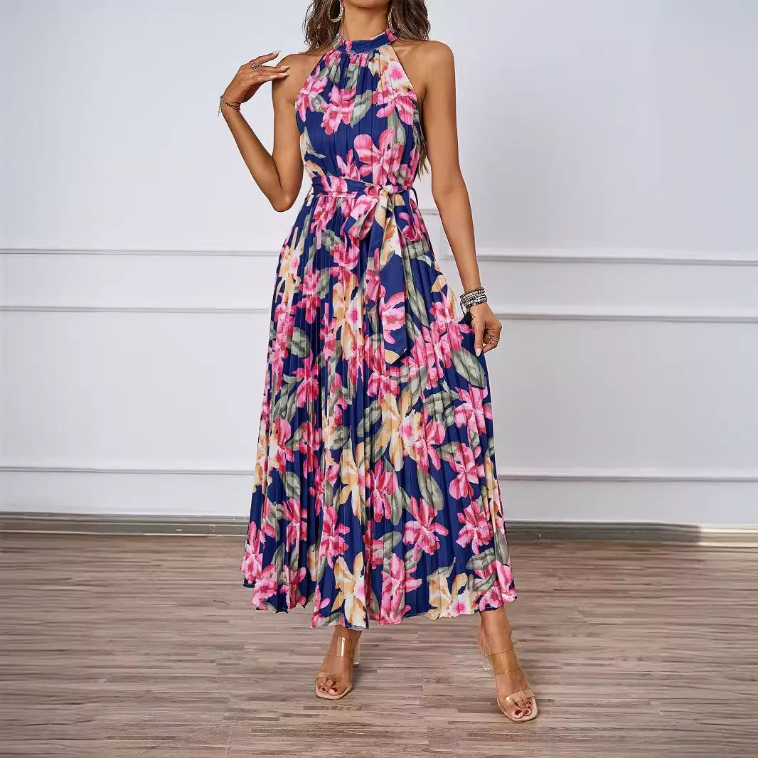 Damen Plissiertes Maxikleid mit tiefem Halterneck und floraler Taillierung EB