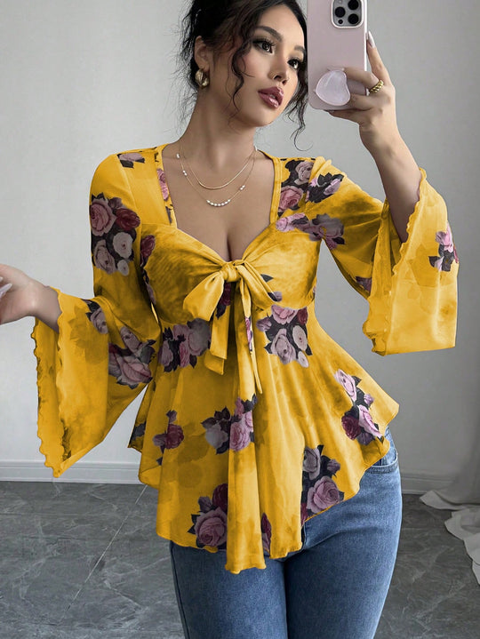 Damen luftige Bluse mit Blumenmuster EB