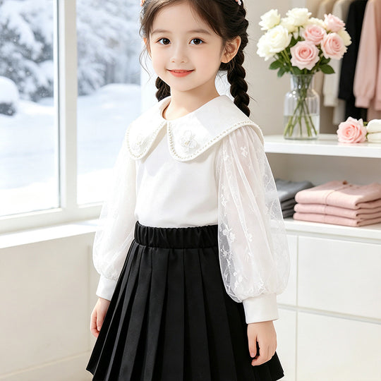 Mädchen Bluse mit elegantem Tüllkragen und floralen Applikationen EB