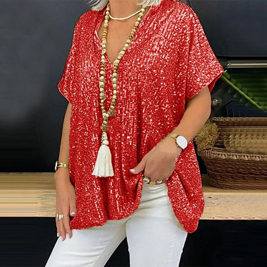 Damen Glamouröses Pailletten-Tunikashirt mit V-Ausschnitt EB