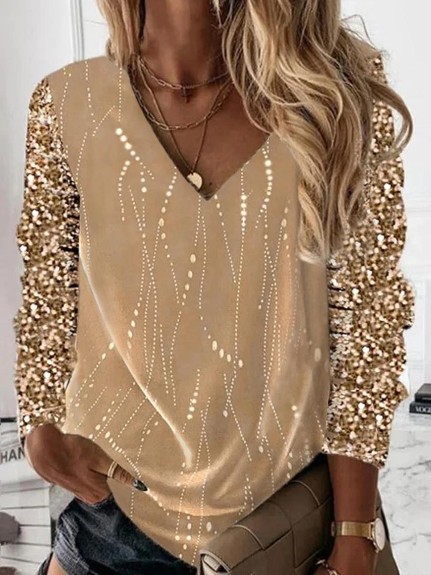 Damen Festliche V-Ausschnitt Bluse mit Paillettenärmeln und leichter Drapierung EB