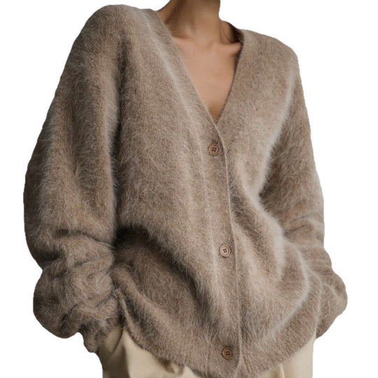 Damen flauschiger Cardigan mit V-Ausschnitt und übergroßem Schnitt EB