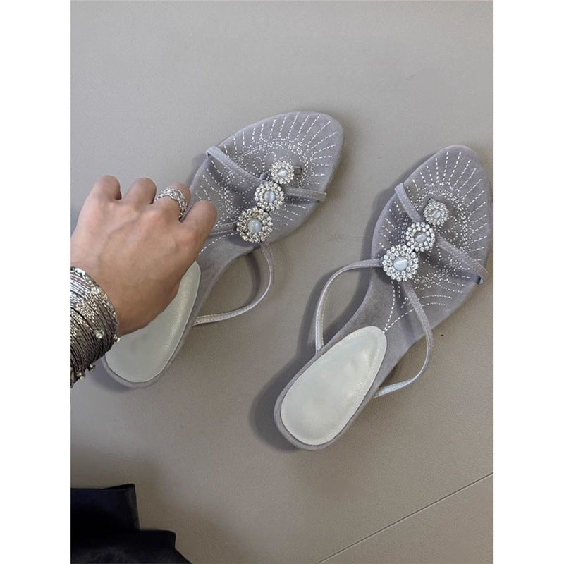 Damen Elegante Zehentrenner-Sandalen mit funkelndem Strass-Design EB